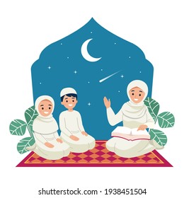 Mother Teaching Their Kids To Read Quran. Islamic Ramadan Kareem Family Moment. Flat Vector Design