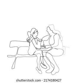 Mother and teen daughter sitting and talking at park . Happy girl and Mum chatting together.Vector isolate flat continue line design of Teenager and parent communication illustration,Mother’s days .