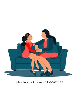 Mother and teen daughter sitting and talking on sofa at home. Happy girl and Mum chatting together.Vector isolate flat design of Teenager and parent communication illustration on white background.