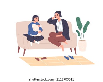 Mother and teen daughter talking. Mom and happy girl chatting together, sitting on sofa at home. Teenager and parent communication concept. Flat vector illustration isolated on white background