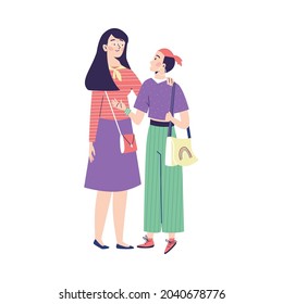 Mother and teenage daughter hugging having friendly conversation, flat vector illustration isolated on white background. Respectful understanding parent and child.
