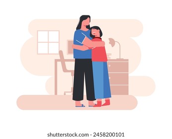 Mother and teenage daughter hugging inside the house. Character design. Vector flat illustration