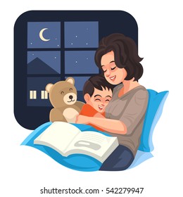 Mother tell story with her son at night, Vector illustration.