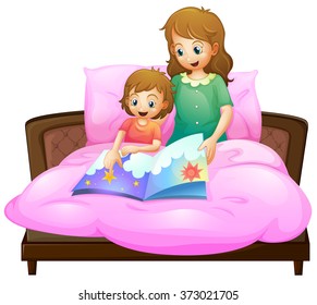 Mother telling bedtime story to kid in bed illustration