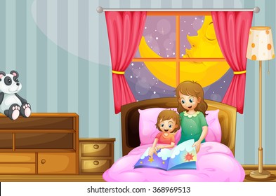 Mother telling bedtime story at night illustration