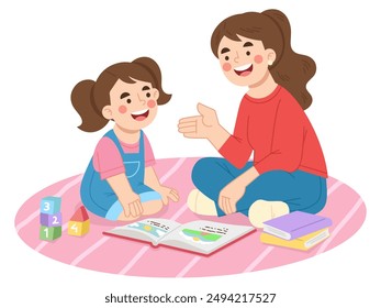 Mother telling story to daughter vector illustration