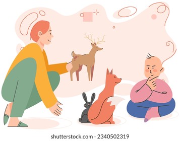 Mother tells son about animals. Young female teacher showing kids picture of deer and fox. Woman teaching children, telling about animals, plays logic game with him. Education in kindergarten