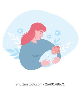 Mother tenderly holds baby in her arms. Newborn sleeps peacefully under protection. Vector flat graphics.