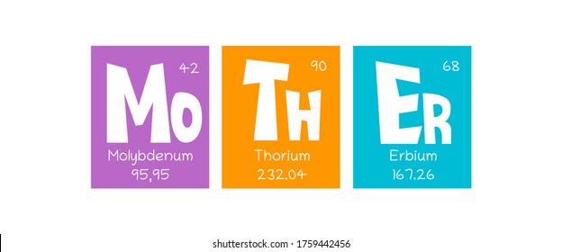 Mother Text as Periodic Table of Mendeleev Elements for printing on t-shirt, mug, any gift, for Mother's day or birthday of Mom, trendy concept for june holiday, pattern for gift, family look print