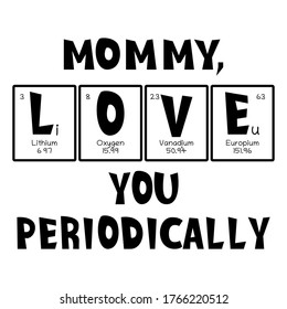 Mother Text as Periodic Table of Mendeleev Elements for printing on t-shirt, mug, any gift, for Mother's day or birthday of Mom, trendy concept for june holiday, pattern for gift, family look print