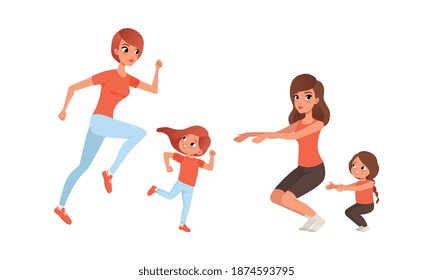 Mother and their Daughters Doing Sports Together, Cheerful Women and Girls Running and Doing Squats Cartoon Vector Illustration