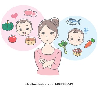Mother thinking about her baby's food. Vector illustration.