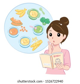 Mother Thinking About Her Baby's Food. Vector Illustration.