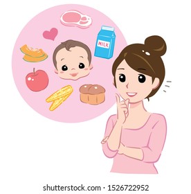Mother thinking about her baby's food. Vector illustration.