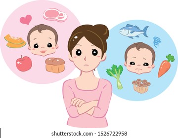 Mother thinking about her baby's food. Vector illustration.