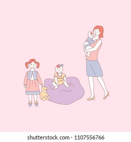 Mother with three children - holding her little son on her hands,  one daughter standing and holding teddy bear toy, another one sitting on an ottoman. Hand drawn vector illustration isolated on pink.