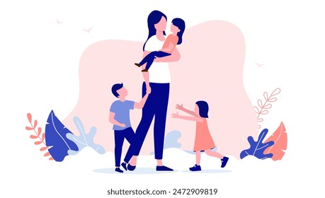 Mother and three children - Mom parent alone outdoors playing with kids. Leisure family activity concept in flat design vector illustration with white background