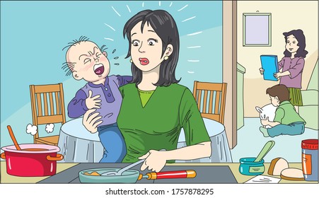 Mother and three children, vector