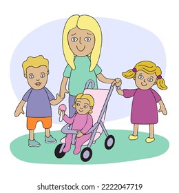 Mother With Three Children. Woman Holding Hands Of Her Older Kids And Pushing A Stroller With A Younger Child