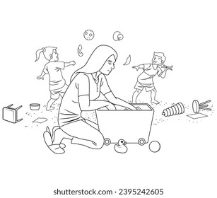 A mother tidies up the toys while the kids playing on the background. All in outline and vector format.