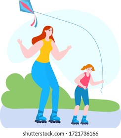 Mother time with daughter vector illustration. Cartoon flat mom and kid girl characters skating rollers together in city park, family outdoor summer sport activity, happy parenthood isolated on white
