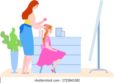 Hora de la madre con ilustración de vector hija. Mamá llana haciendo peinado a una niña de edad frente al espejo en la rutina matutina. Feliz paternidad, concepto del Día de la Madre aislado en blanco