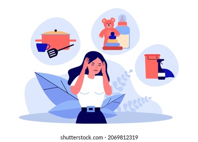 Mother tired of housework, cooking and care of kids. Hard pressure of work on exhausted woman flat vector illustration. Lifestyle, life overload concept for banner, website design or landing web page