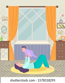 Mother and toddler playing games on carpet in living room. Furniture in room like table and chest. Flower and mirror, fra,e and bookshelf with books. Vector illustration in flat style