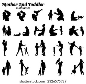 Mother and toddler silhouette vector set.