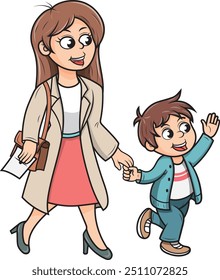 Mother and toddler walking smiling while waving, cartoon style illustration.