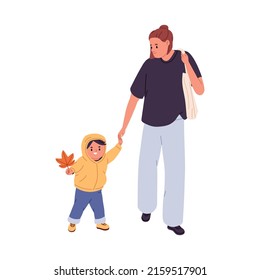 Mother and toddler walking together. Mom holding hand of happy little kid going with maple leaf. Mum and cute boy child. Woman and son outdoors. Flat vector illustration isolated on white background