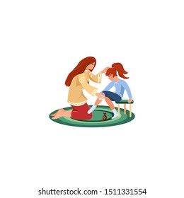 Mother treating her daughters injury with medicine vector illustration