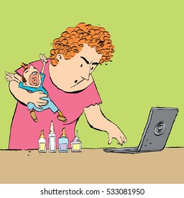 Mother treats the child, reading medical sites. Medicine and health. Modern technology