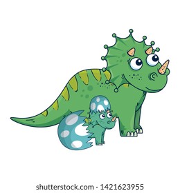 mother triceratops with baby breaking the shell egg