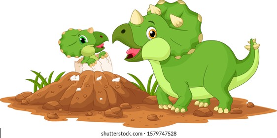 Mother triceratops with baby hatching