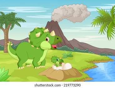 Madre triceratops con bebé naciendo