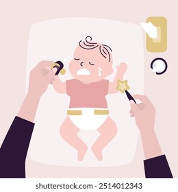 Mother tries to calm her crying newborn baby. Mom hands hold pacifier and rattle. Infant baby is in bad mood or is ill. Motherhood, childhood. View from above. flat vector illustration