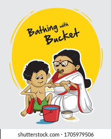 A mother tries her son Bucket with Bathing