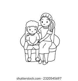 mother try to console her son, outline drawing vector