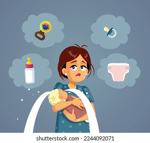 
Mother Trying to Guess Why Baby Cries Vector Cartoon Illustration. Stressed new mom trying to figure out what baby needs
