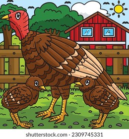 Mother Turkey and Baby Turkey Colored Cartoon 