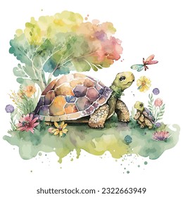 A mother turtle and baby turtle having a picnic in a park, surrounded by watercolor flowers and trees