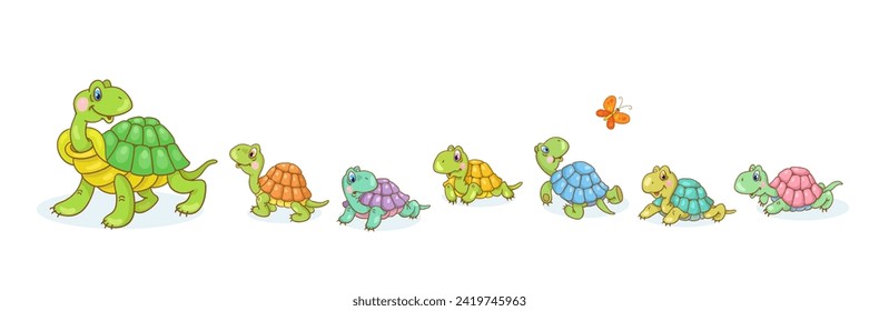 Mother turtle and six funny little turtles. In cartoon style. Isolated on white background. Vector illustration