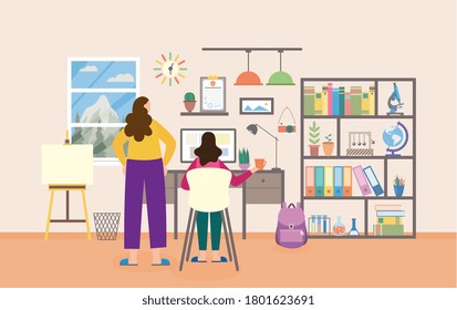 Mother or tutor are helping school student girl doing homework on desktop computer in home office. Interior workplace in study room. Vector flat illustration