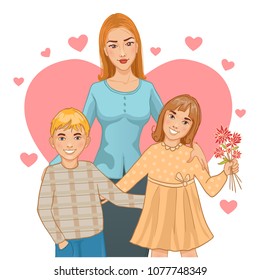 Mother with two children, boy and girl on the background with hearts, vector image, eps10 