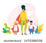 Mother of two children hand drawn vector illustration. Parenting, raising kids cartoon concept. Daughter, son and mommy with superhero capes character design. Motherly love and care