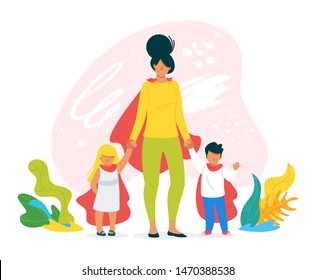Mother of two children hand drawn vector illustration. Parenting, raising kids cartoon concept. Daughter, son and mommy with superhero capes character design. Motherly love and care