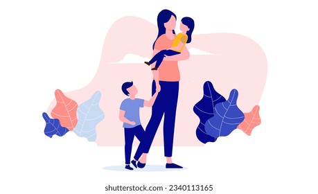 Mother with two children - Parent standing outdoors holding daughter in arms and son in hand. Flat design vector illustration with white background