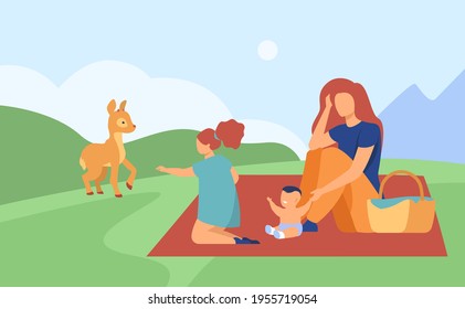 Mother with two children relaxing on nature. Picnic, deer, love flat vector illustration. Family and traveling concept for banner, website design or landing web page