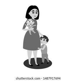 Mother with two children. She holds one in her arms and the other stands beside her.  Vector gray scale graphic illustration.